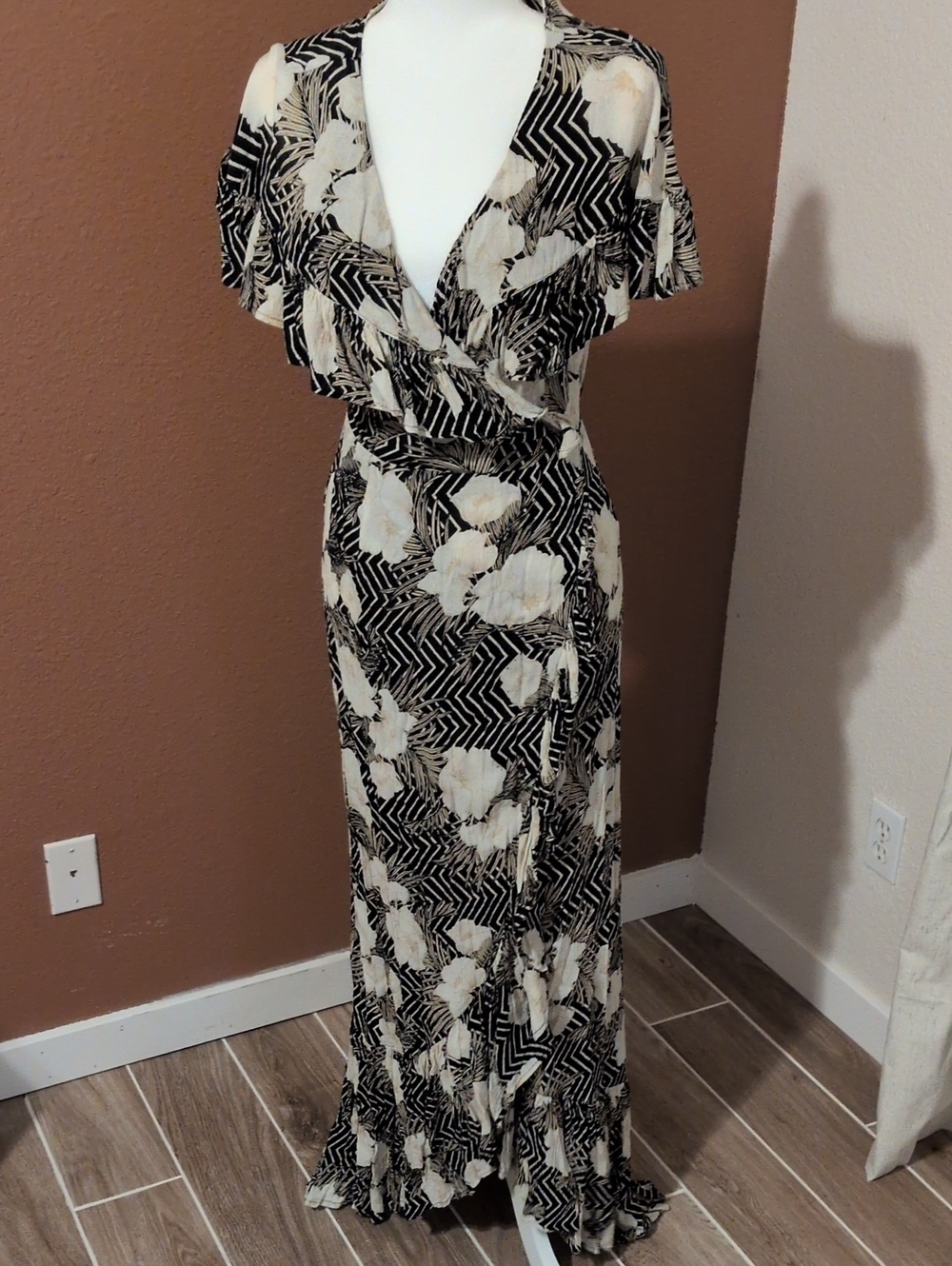 Muse Black and Cream Floral Wrap Maxi Dress